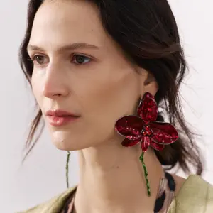 2024 new Fashion Za Big red color crystal Flower Dangle Earrings for Women Large handmade Long Drop Earrings Statement Jewelry