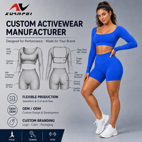 Ensemble de yoga 2 pièces bleu roi sans coutures pour femme, haut court à manches longues et col carré, short cycliste taille haute, logo personnalisé OEM ODM, tenue de sport