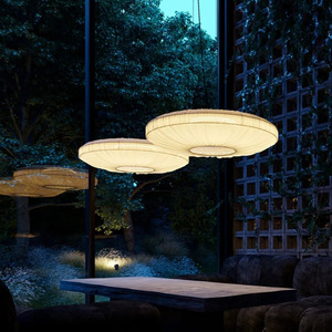Lustre vintage style Wabi Sabi, luminaire suspendu rond à LED pour restaurants, hôtels, salons, éclairage décoratif en tissu - Product Image 3