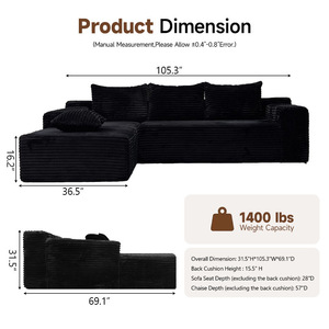 โซฟาผ้าลูกฟูกทรงตัวแอล ไม่ต้องประกอบ โซฟาแบบแยกส่วนไร้โครง เหมาะสำหรับห้องนั่งเล่น - Product Image 4