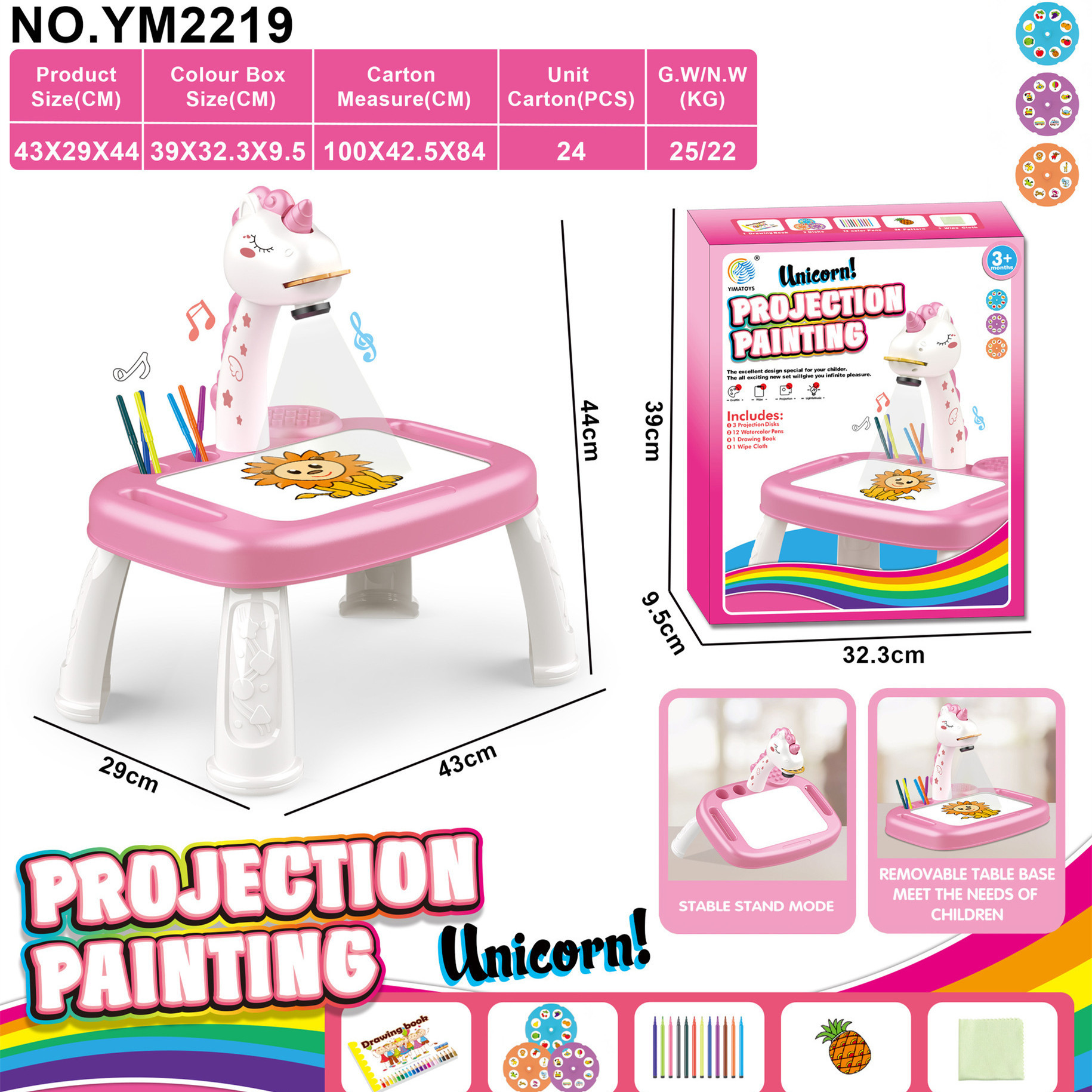 Grande table de projection licorne rose