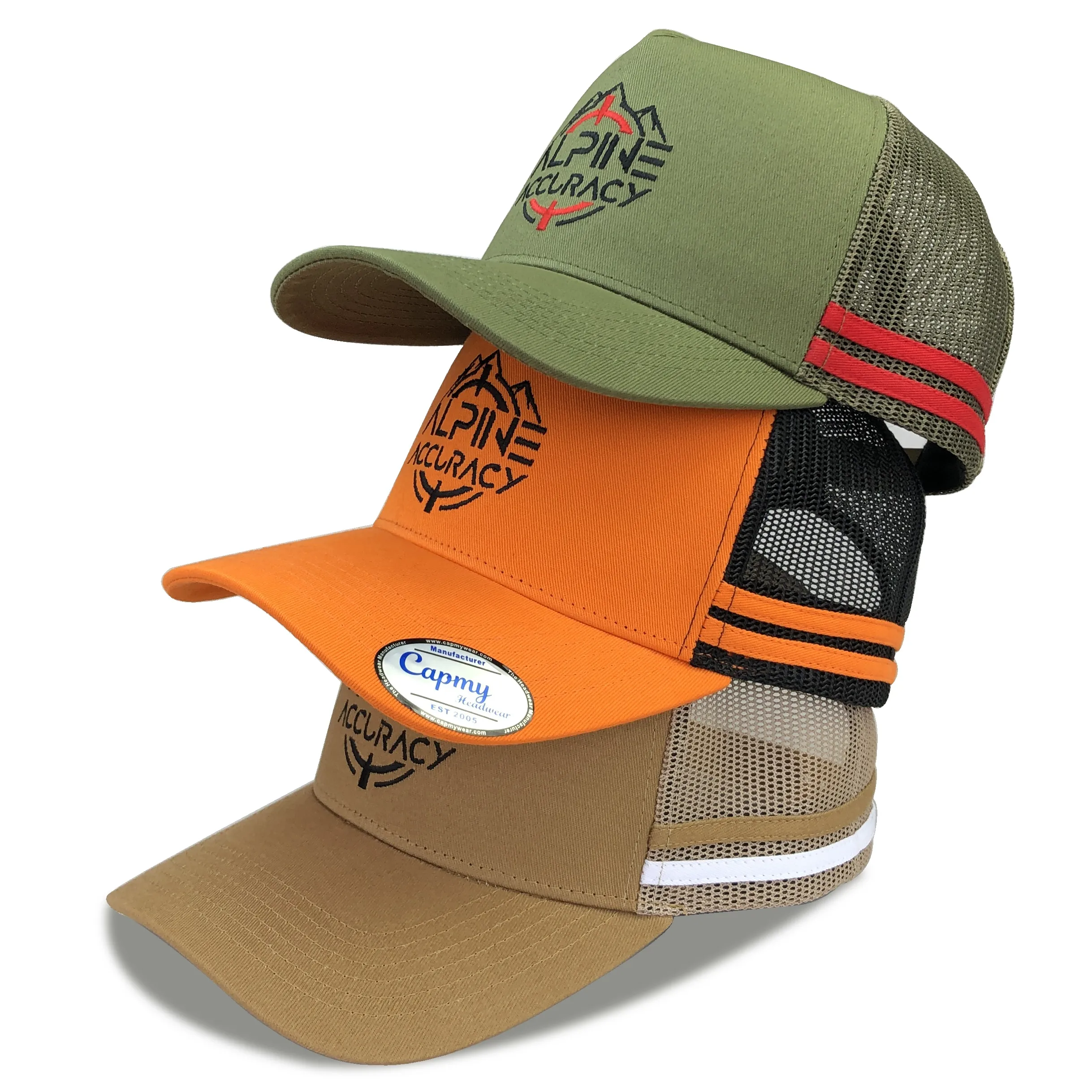 Hochkarätige australische Land krone 2 seitlich gestreifte Streifen 5 Panel Trucker Cap Großhandel Custom 5 Pane Orange Trucker Cap Hat