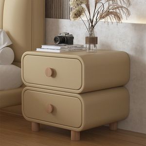 Cream-style Rounded Leather Bedside Table Nordic Style Bedroom Furniture <strong>Log</strong> Handle Double Drawer Storage Cabinet Eco-Friendly - Product Image 4