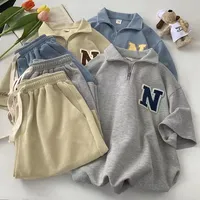 Ensembles Deux Pièces Gaufrés pour Femme Été, T-shirts à Col Polo et Shorts Amples Jambe Large, Tenue de Sport Décontractée Féminine