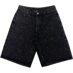 Pantalones Cortos de Mezclilla Holgados Personalizados para Hombre, Negros con Pedrería, de Cintura Alta, Pierna Recta, Estilo Casual Urbano - Product Image 1