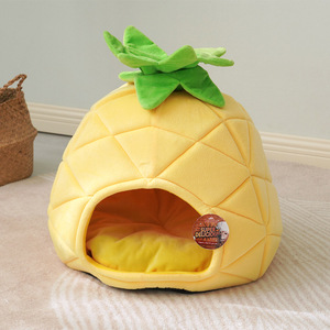 Lit pour animaux de compagnie en forme d'ananas, maison douce pour chat, ronde avec feuilles vertes pour chats - Product Image 1