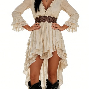 Vestido Midi Bohemio de Encaje Crema para Mujer - Cuello en V con Volantes y Manga Larga - Moda Sehe - Product Image 4