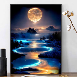 Fábrica personalizada de lujo Luna noche fantasía color playa <span class=keywords><strong>paisaje</strong></span> lienzo enmarcado sala de estar decoración 5D diamante pinturas de pared - Product Image 4