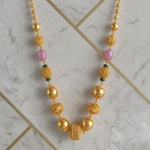 Collar Mala Antiguo de Plata 925 con Cuentas Rosas y Diseño de Bola Dorada, Joyería Hindú Étnica Tradicional para Mujer, Regalo de Boda - Product Image 2