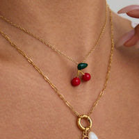 Collier unisexe en acier inoxydable plaqué or avec chaîne à maillons trombone, breloques DIY rubis, perles et cerise en émail rouge, pour anniversaire