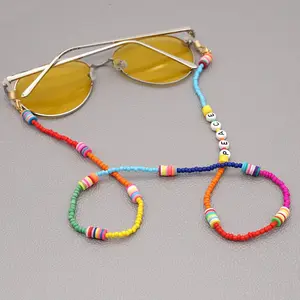 Go2boho眼镜项链女士珠宝和平字母珠宝彩虹聚合物粘土珠子挂绳遮蔽链