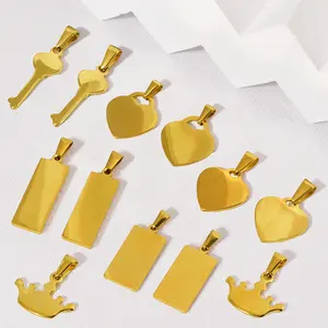 High Polish Stainless Steel Key Pendant 18K Gold Plated Rectangle Custom Logo Blank Heart Crown Necklace Pendant