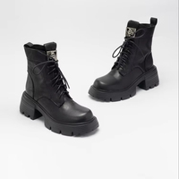 Sepatu Boot Wanita Kulit Sapi Asli Hak Tebal 7.5cm Ujung Bulat Model Musim Gugur/Dingin dengan Tali