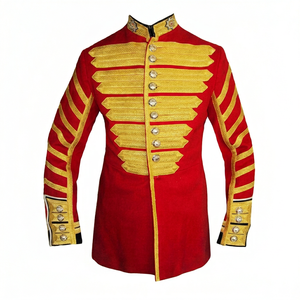 เสื้อแจ็คเก็ตผู้ชายสีแดง แขนยาว คอตั้ง ปักลายเส้นสีทอง ติดกระดุม ผ้าโพลีเอสเตอร์ ทรงปกติ ใส่ได้ทุกฤดู - Product Image 1