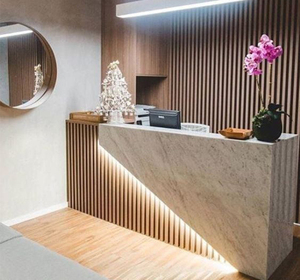 Comptoir de réception rond personnalisé au design moderne pour salon de coiffure, hôtel et hôpital, avec garantie de 10 ans, surface solide en marbre blanc - Product Image 4