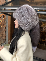 Chapeau en fourrure de renard argenté véritable pour hommes et femmes Chapeau melon en fourrure véritable chaud d'hiver avec queue
