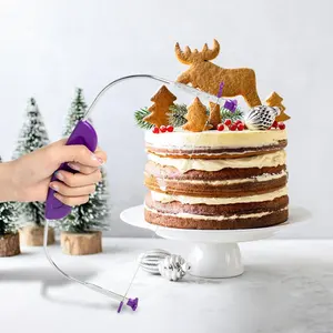 Professional Adjustable Cake Cutter with Purple Handle Stainless Steel Wire Leveler Slicer Baking Tool for Layer Cakes