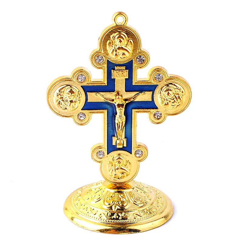 Color Painting Standing Jesus Statue Craft Gift Gold Metal Cross Catholic Crucifixes for Church