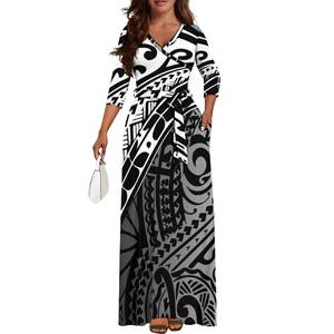 Oem Op Maat Gemaakt Samoan Polynesische Tribale Print Ontwerp V-Hals Zijzak Stropdas-Up Grote Maat Jurk Vrouwen Prom Avondkleding - Product Image 2