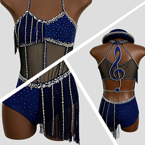 Combinaison de danse latine jazz bleue à franges, ornée de strass, dos en maille, pour femme, idéale pour festivals de musique, soirées en club et spectacles - Product Image 2