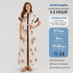 Robe chemise élégante à empiècements contrastés brodés pour femme, robe longue en viscose à motif abstrait chic, manches courtes d'été - Product Image 1