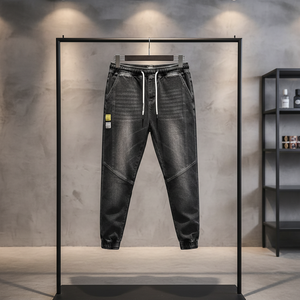 Summer Hong Kong Style Men's Retro Boot Style Mid Waist <strong>Denim</strong> Loose <strong>Jogging</strong> Nine Point Trend Thin Men's Jeans - Product Image 1