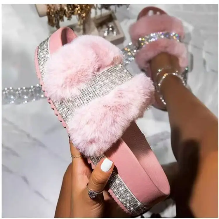 Slippers, rhinestones artificial fur women's shoes plush thick soles sparkling slippersoutdoor women's sandals platform diamond