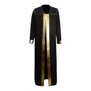Abaya longue noire à bordure dorée, col en V, manches longues, en polyester, tenue de prière pour femmes, style Moyen-Orient - Product Image 1