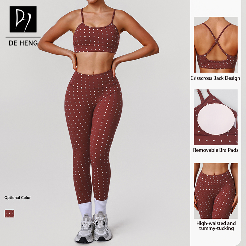 Adjustable Lady Custom High-Elastic Foil Polka Dots Sports Yoga Fitness High Quality Gym Workout Leggings Set For Women