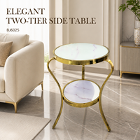 Table d'appoint élégante à deux niveaux en verre décoratif avec cadre en fer courbé doré pour salon, hôtel, OEM