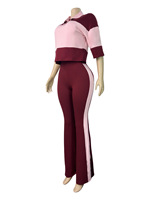 Nouveautés - Ensemble deux pièces pour femmes, col polo, manches courtes, pantalon évasé, couleurs contrastées, style décontracté pour l'été, idéal pour tous les jours