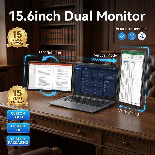 New 15.6 Inch IPS LCD Dual Laptop Extender Portable Monitor Triple Foldable Extension Display Built-in Speaker Gaming Office