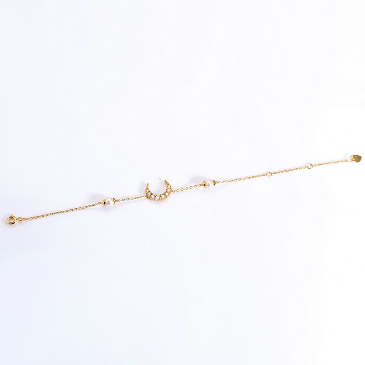 Cz encanto de diamante joyería de las señora cadena ajustable pulsera de perlas de agua dulce de media luna Luna encanto pulsera