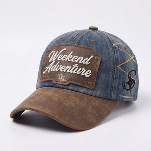 Casquette de baseball vintage en denim et coton lavé, 6 panneaux, avec patch en cuir gaufré personnalisé, style streetwear - Product Image 1