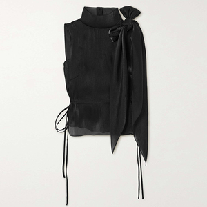 Nuovo arrivo estivo con fiocco personalizzato senza maniche eleganti camicie di raso nero camicette di <span class=keywords><strong>seta</strong></span> da donna di alta qualità Casual top da donna - Product Image 6