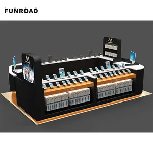 unique mobile phone kiosk design shopping center electronics retail display wooden display showcase with glass counter top