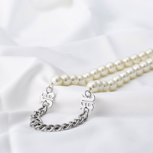 yunnique Punk Chic Pearl <b>Titanium</b> Steel <b>Chain</b> Spliced Necklace Unisex Party Jewelry Geometric Letter Design - Product Image 3