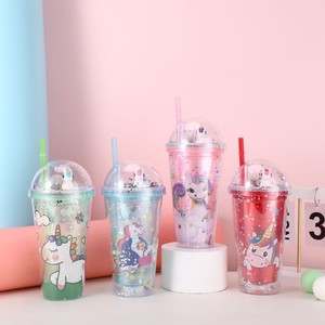 450ml Multi-Color Cartoon Unicorn Print Double Wall <b>Plastic</b> Tumbler with <b>Straw</b> Dome Lid Silver Sequin & Mini Unicorn Figurine - Product Image 4