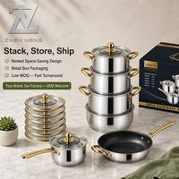 Batterie de cuisine ZHEN NENG en acier inoxydable 12 pièces : casseroles, faitouts, poêles, casseroles à lait, couvercles en verre, base triple couche en acier 201 – Direct Usine