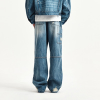 Jean en denim personnalisé pour homme, double épaisseur aux genoux, bleu délavé vintage, coupe ample à jambe large, bords bruts, déchiré, coutures renforcées, vente en gros