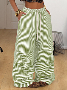Pantalon large rayé vert pour femme, taille haute, cordon élastique, coupe ample, longueur complète, en coton, décontracté, pour l'été - Product Image 1