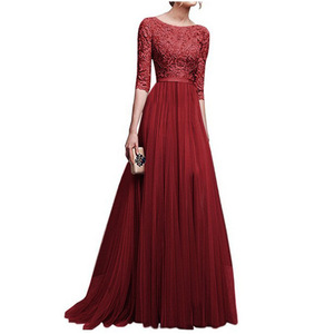 <strong>Women's</strong> Chiffon Evening Gown Long Dress O-Neck Three Quarter Sleeve For <strong>Wedding</strong> Banquet <strong>Attire</strong> Pink Color - Product Image 3