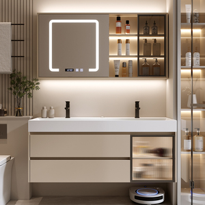 Meuble-lavabo de salle de bain moderne de luxe avec miroir intelligent, résistant à l'eau, éco-responsable, vasque en céramique, armoire en PVC et lavabo WC - Product Image 1
