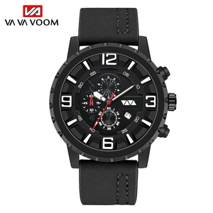 Mens Professional Chronograph Watch Black Case Brown Leather Strap Multi Function Sport Wristwatch - Product Image 1
