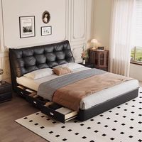 Lit Double Moderne Minimaliste en Bois Rembourré avec Rangement, Design en Cuir, pour Chambre Parentale