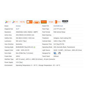 شاشة لابتوب LCD طراز N160GME-GLB بدقة IPS HDR 1200:1، معدل تحديث 165 هرتز، سطوع 500 شمعة/م2، نسبة عرض إلى ارتفاع 16:10، دقة 2560×1600، تغطية ألوان 100% SRGB، 1.06 مليار لون (8 بت + FRC)، 40 دبوس - Product Image 6