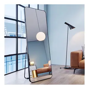 Pasokan pabrik cermin lantai dinding berdiri bebas bingkai aluminium persegi sudut bulat balutan perak panjang penuh emas dekoratif