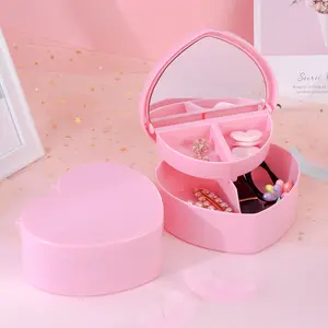 可爱粉色心形双层塑料化妆品珠宝收纳盒桌面盒耳环戒指收纳带镜