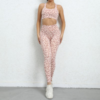Ensemble de yoga deux pièces pour femme, imprimé léopard, respirant, en spandex et nylon, dos nageur, taille haute, pour l'entraînement et la gym