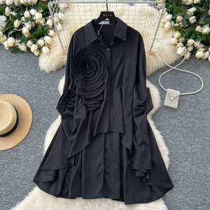 Camisa de Cuello Alto con Diseño Floral 3D, Holgada, Irregular, con Pliegues, Blusa para Mujer, Ropa de Moda - Product Image 2